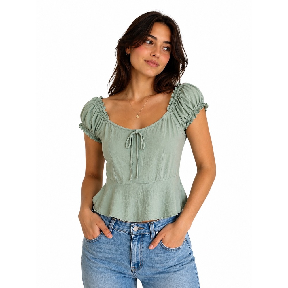 Urban Romantics Sage Green Blouse Smocked Puff Sleeve Peplum Top Small